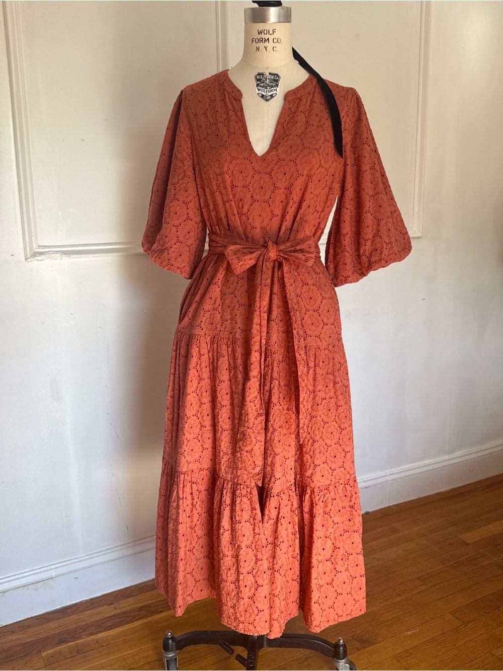Roller Rabbit Rust Orange Eyelet Maxi Dress with Tie Waist
